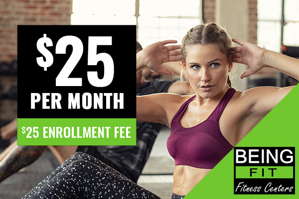 A woman working out. Text reads $25 per month, $25 enrollment fee