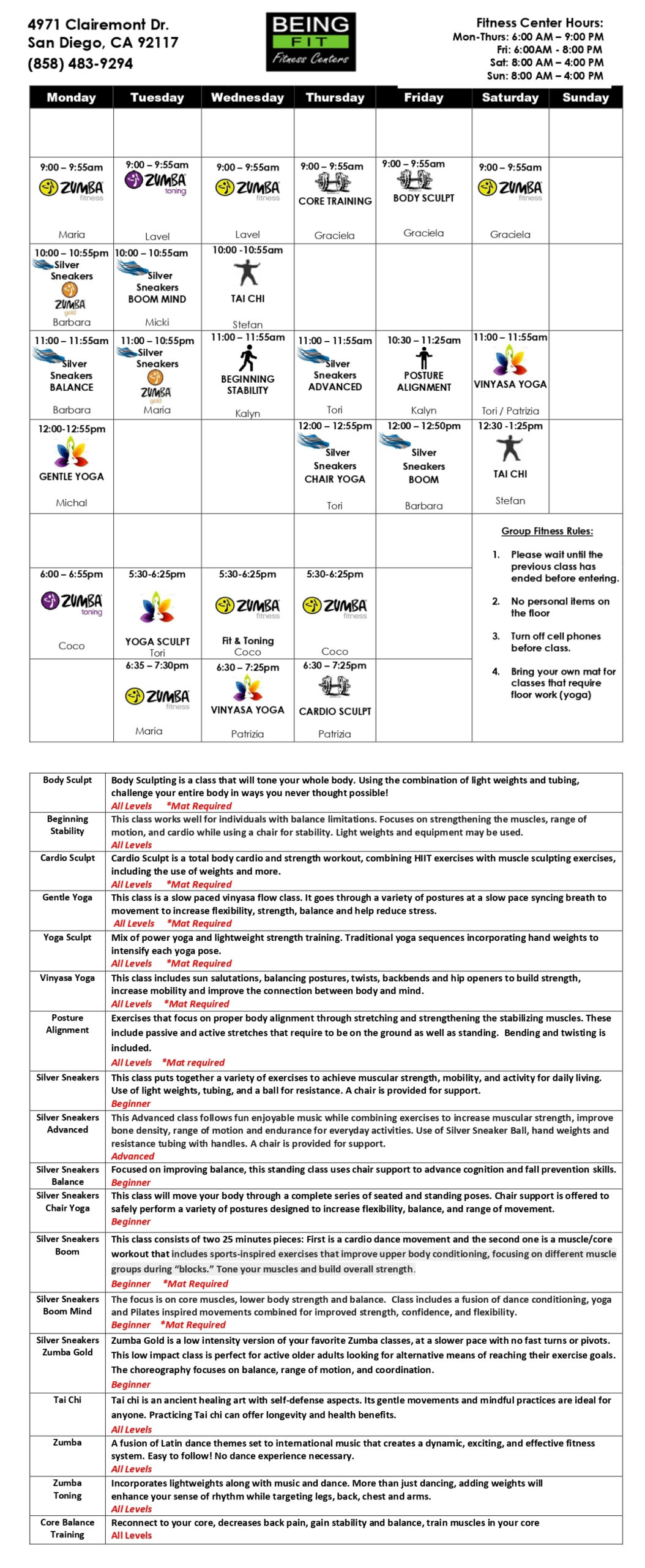 Call for class schedule info