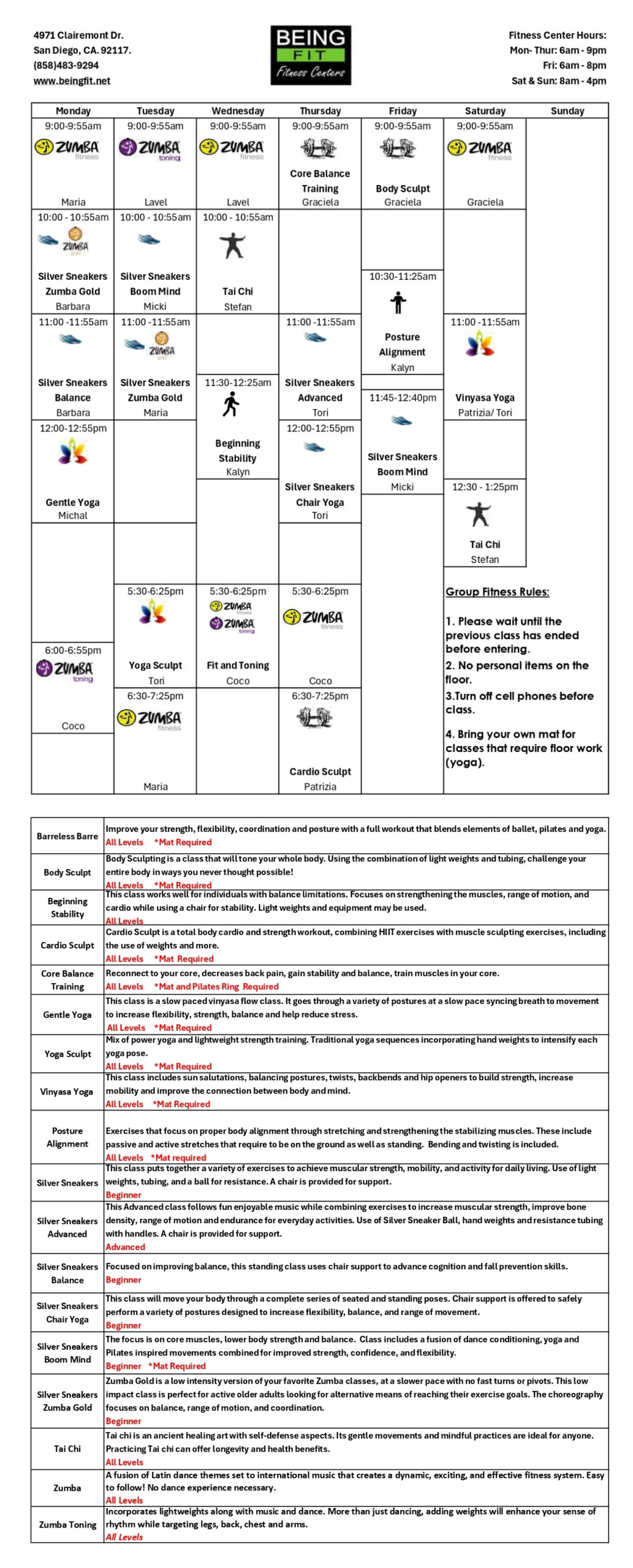 Call for class schedule info