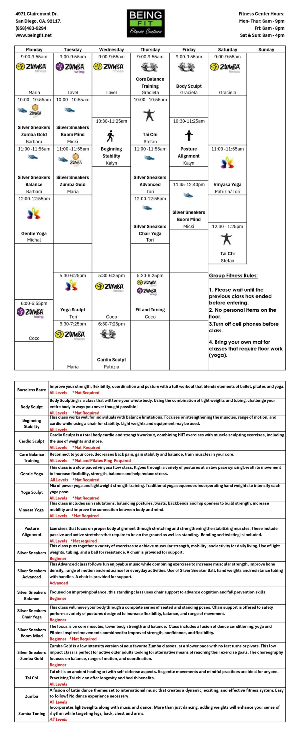 Call for class schedule info