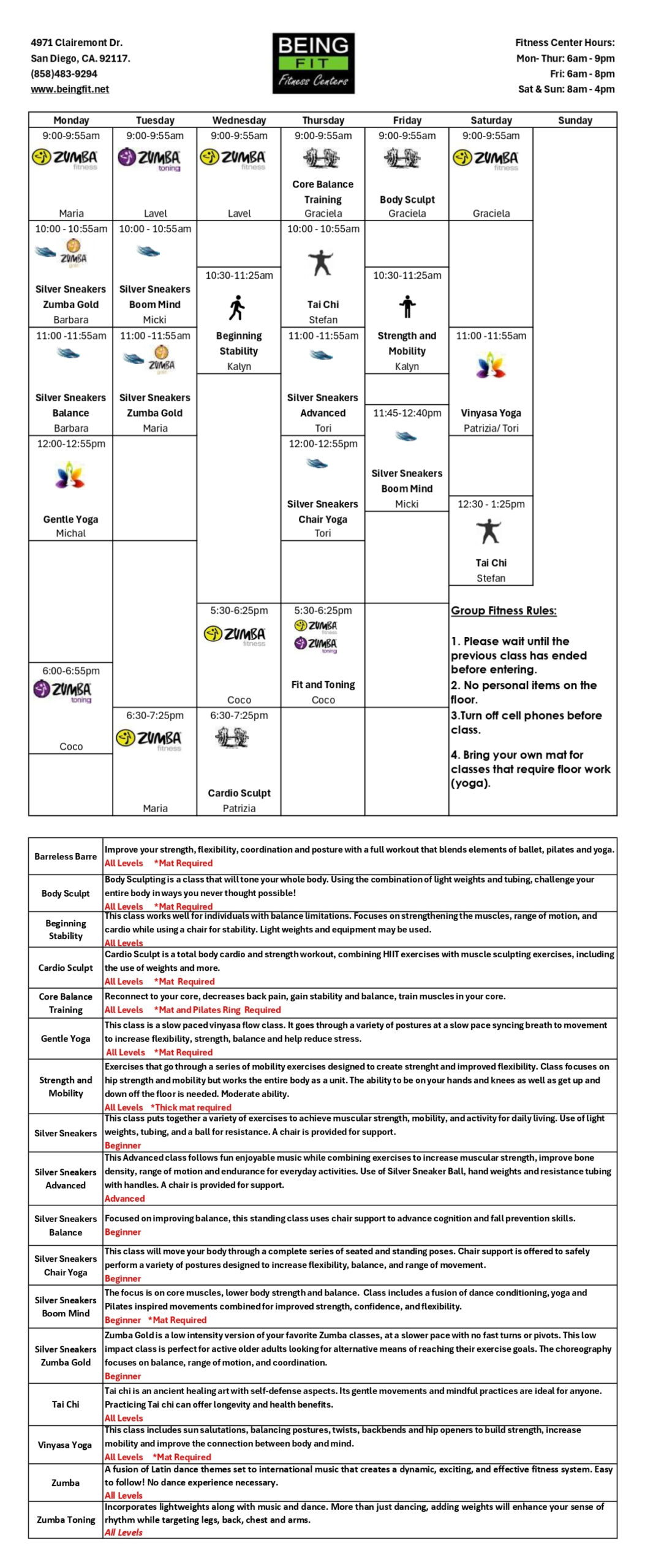Call for class schedule info