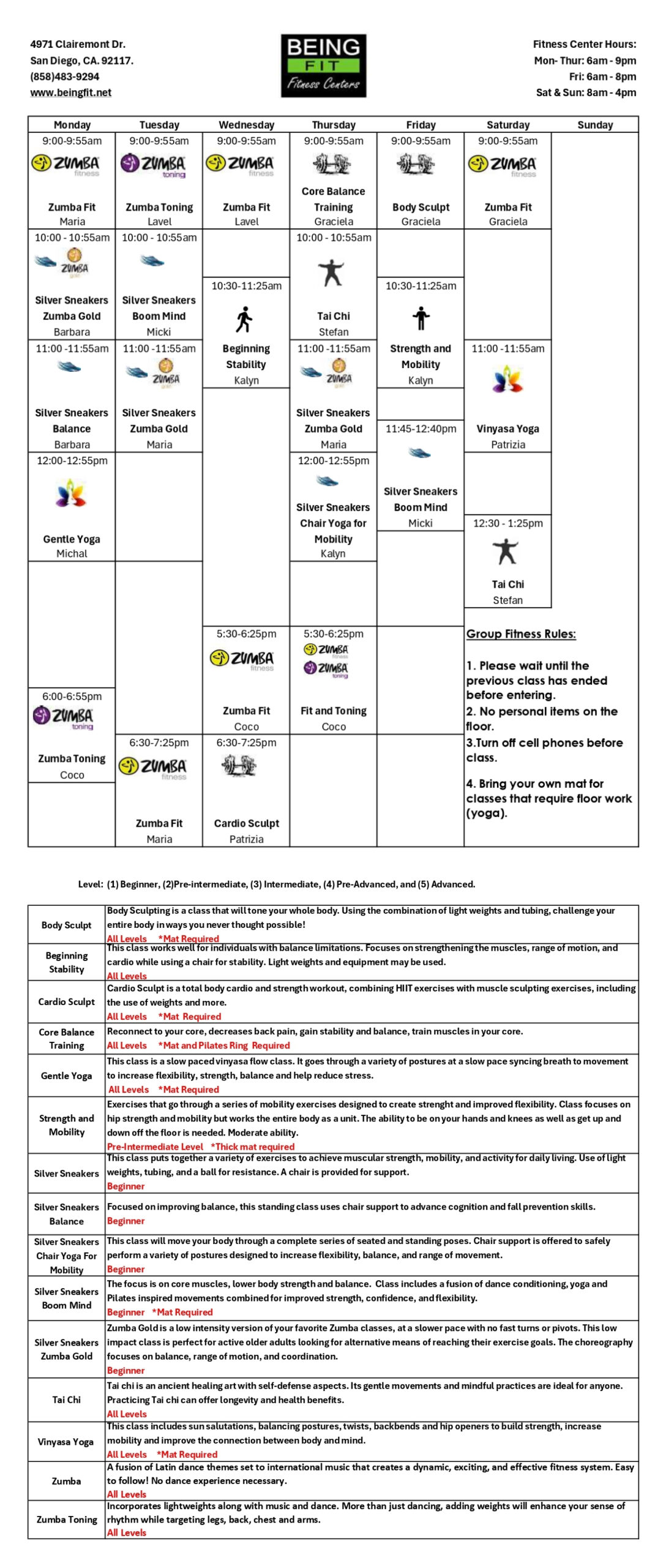 Call for class schedule info