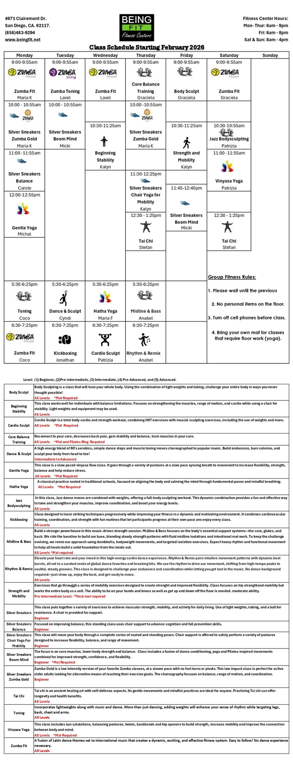 Call for class schedule info