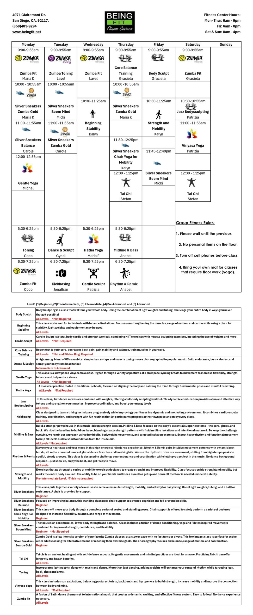 Call for class schedule info