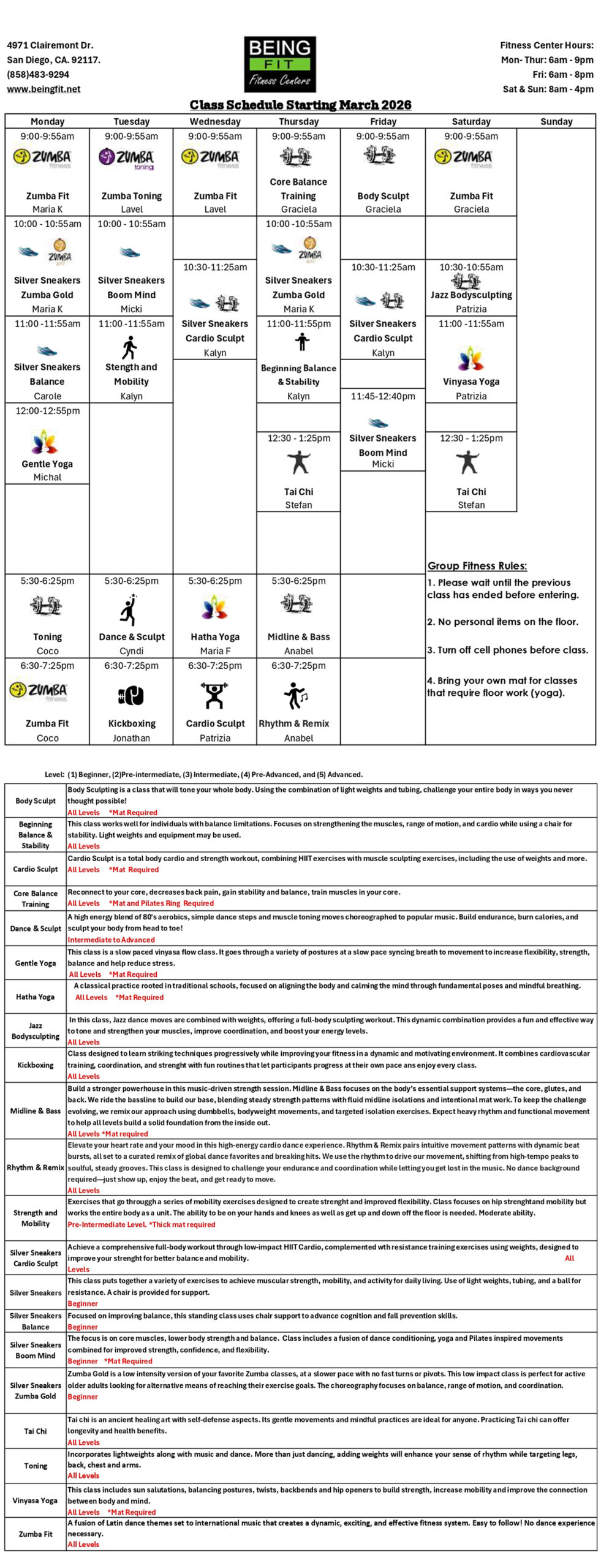Call for class schedule info