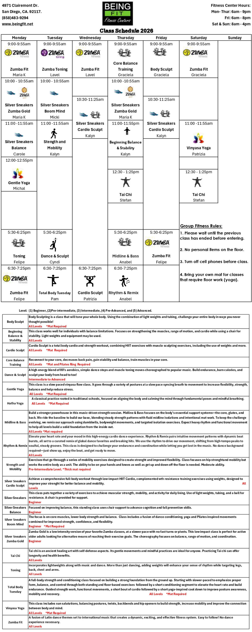 Call for class schedule info