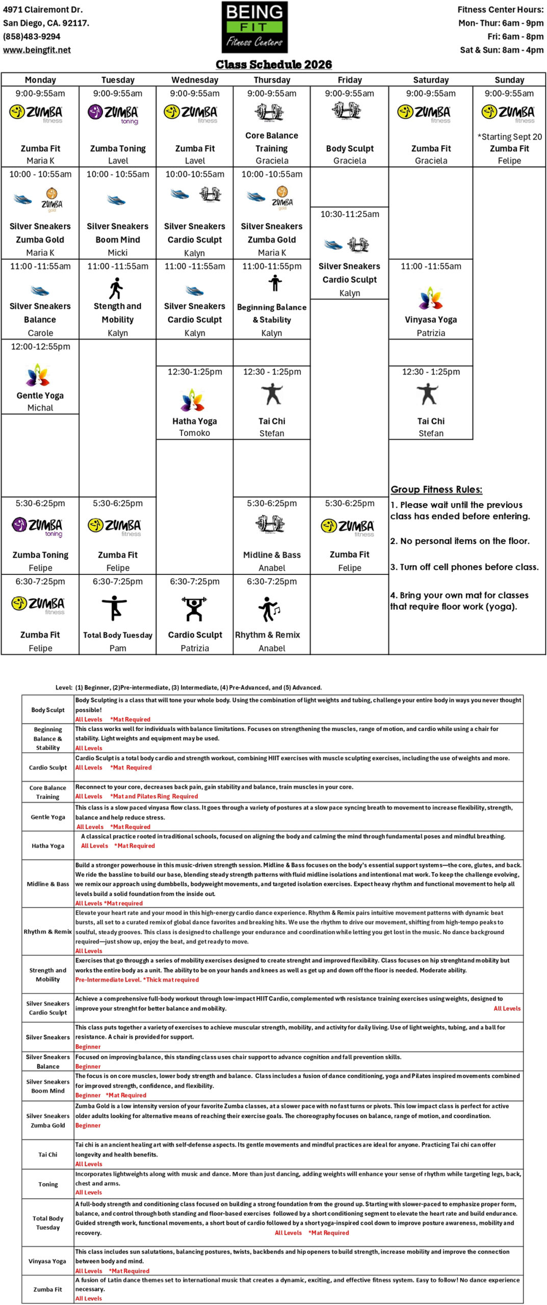 Call for class schedule info